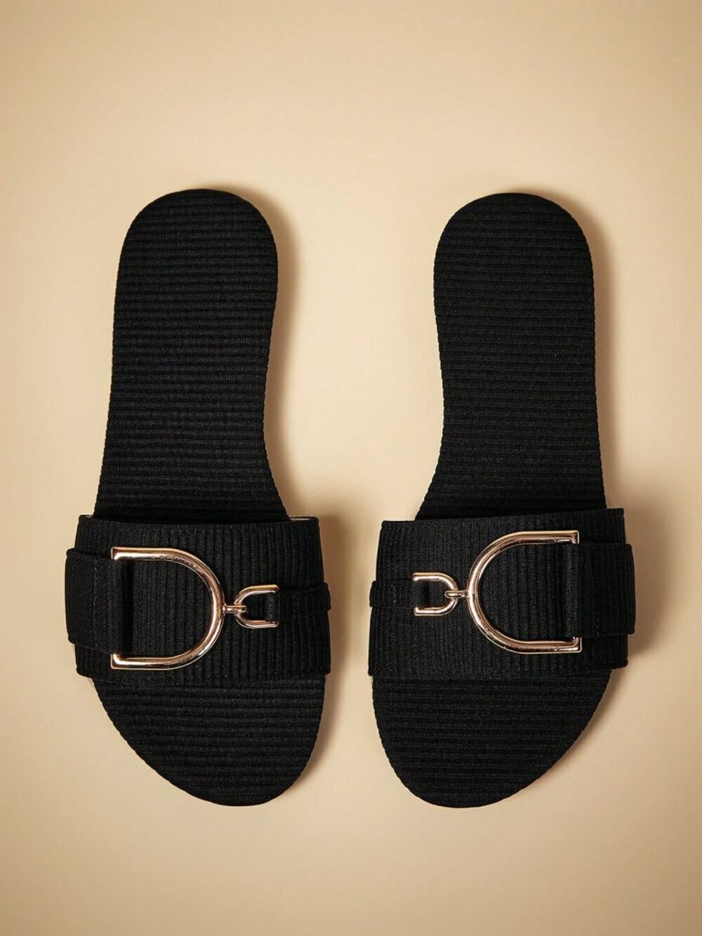 Black Elegant Buckle Flat Slide Women's Sandals